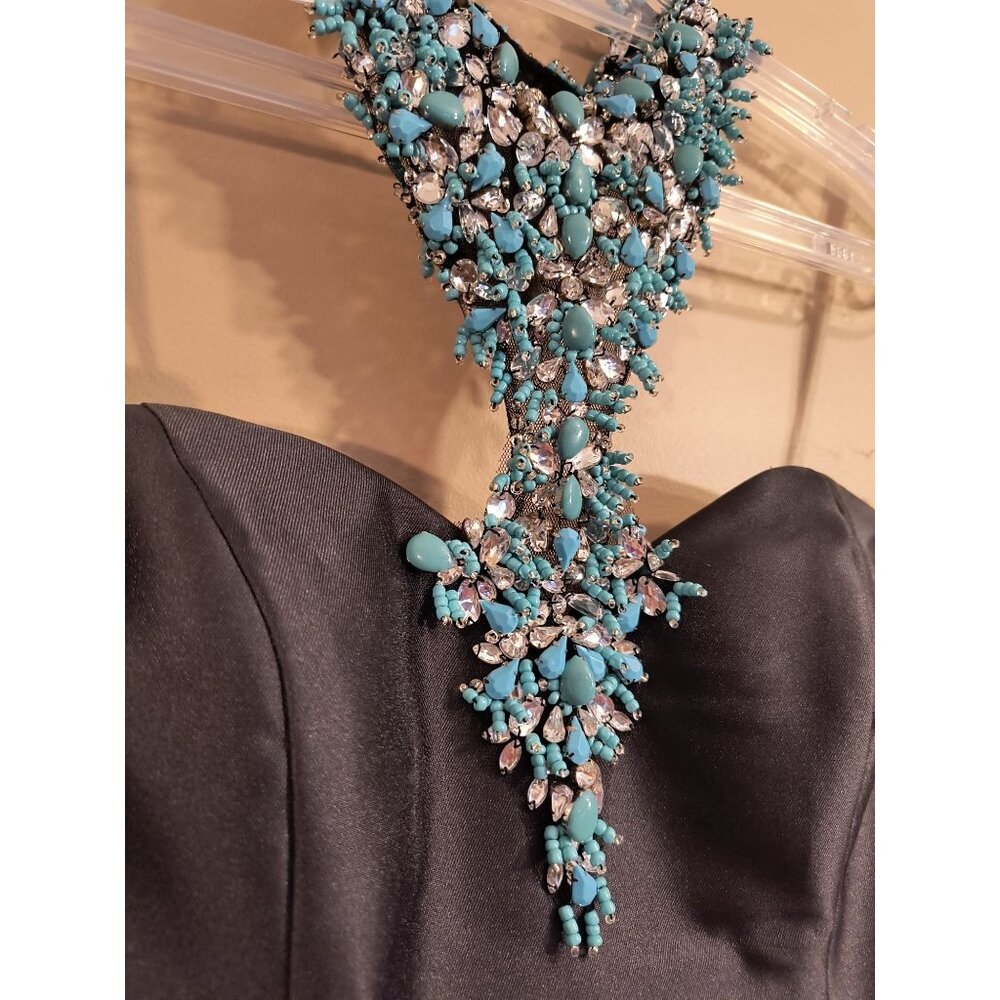 Morilee Black Strapless Mermaid Gown W/ Turquoise & Rhinestone Neckpiece 12 - Picture 4 of 10